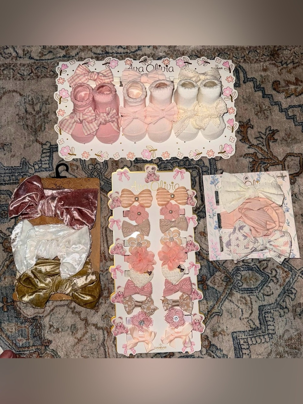 Assorted Baby Girls Bow Socks & Headbands Set - Pink, Cream, Gold